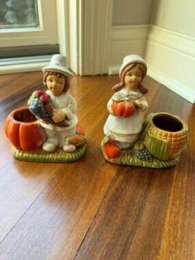 Kirkland's Pilgrim Boy & Girl Ceramic Tea Light Holder Set